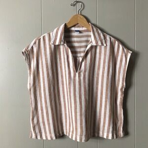 OLD NAVY LINEN BLEND EARTH BROWN STRIPED POPOVER BLOUSE SLEEVELESS WOMENS SMALL
